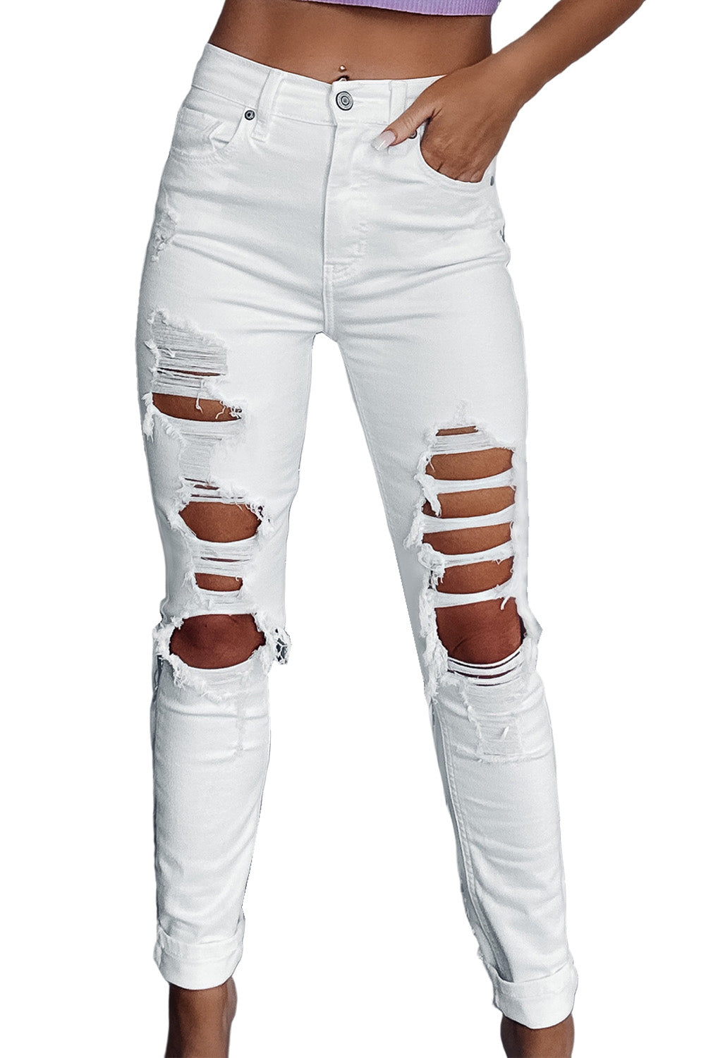 White Distressed Ripped Holes High Waist Skinny Jeans-2