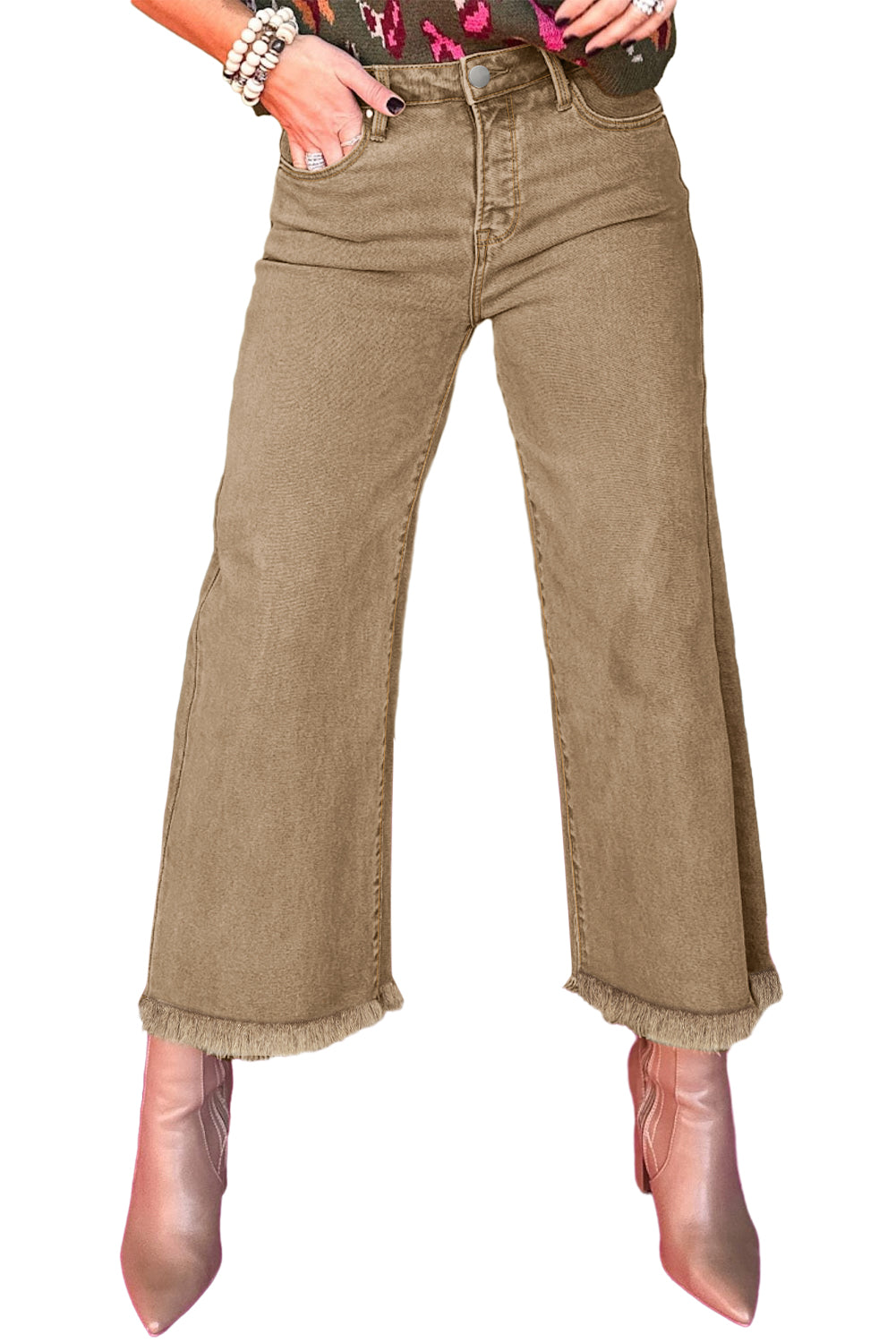 Light French Beige Acid Washed High Rise Cropped Wide Leg Jeans-2