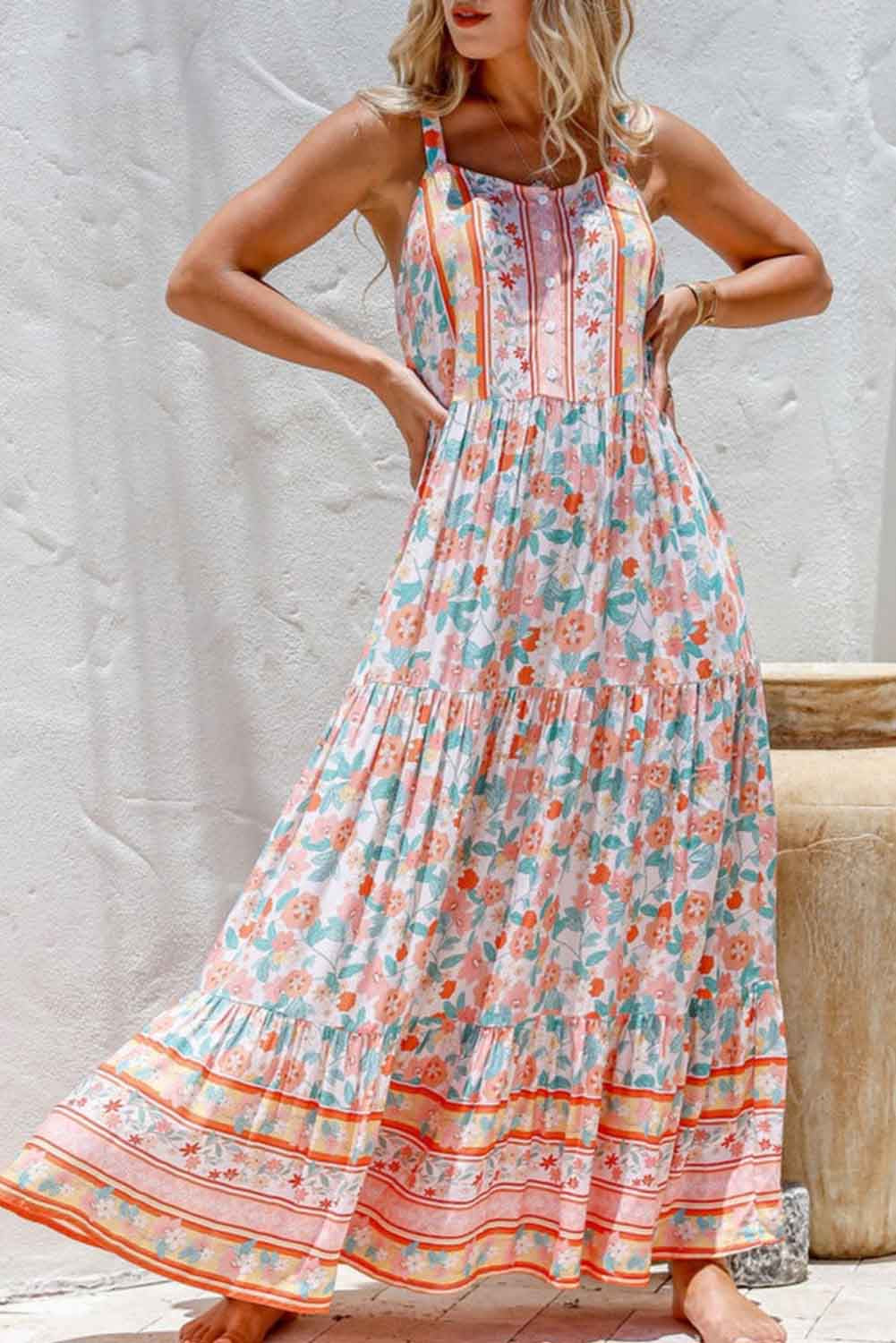 Orange Boho Floral Print Sleeveless Tiered Maxi Dress-0