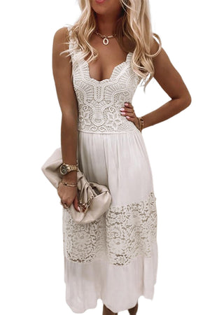 White Lace Crochet Patchwork Sleeveless Long Dress-9