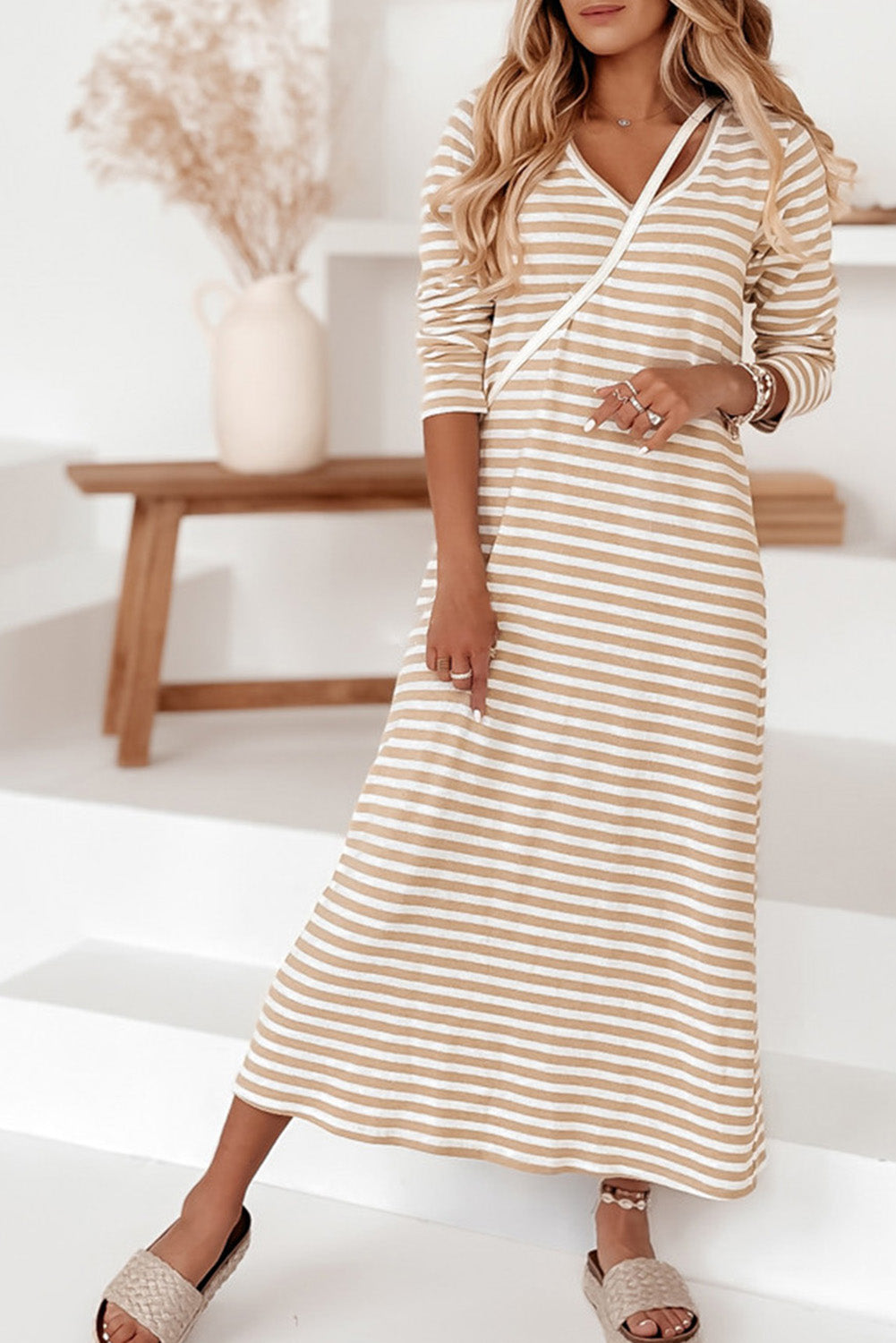 Khaki Striped V-neck Long Sleeve Casual Dress-0