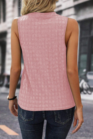 Pink Lattice Textured Split Neck Tank Top-1