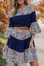 Leopard Splicing High Waist Long Sleeve Dress-7