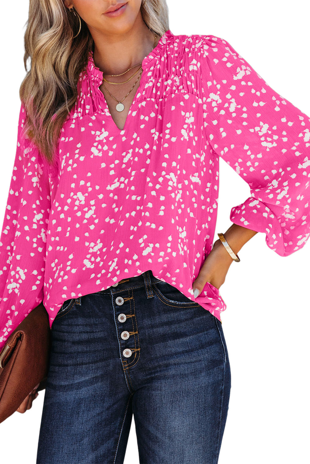 Pink Split Neck Fall Printed Crinkled Blouse-18