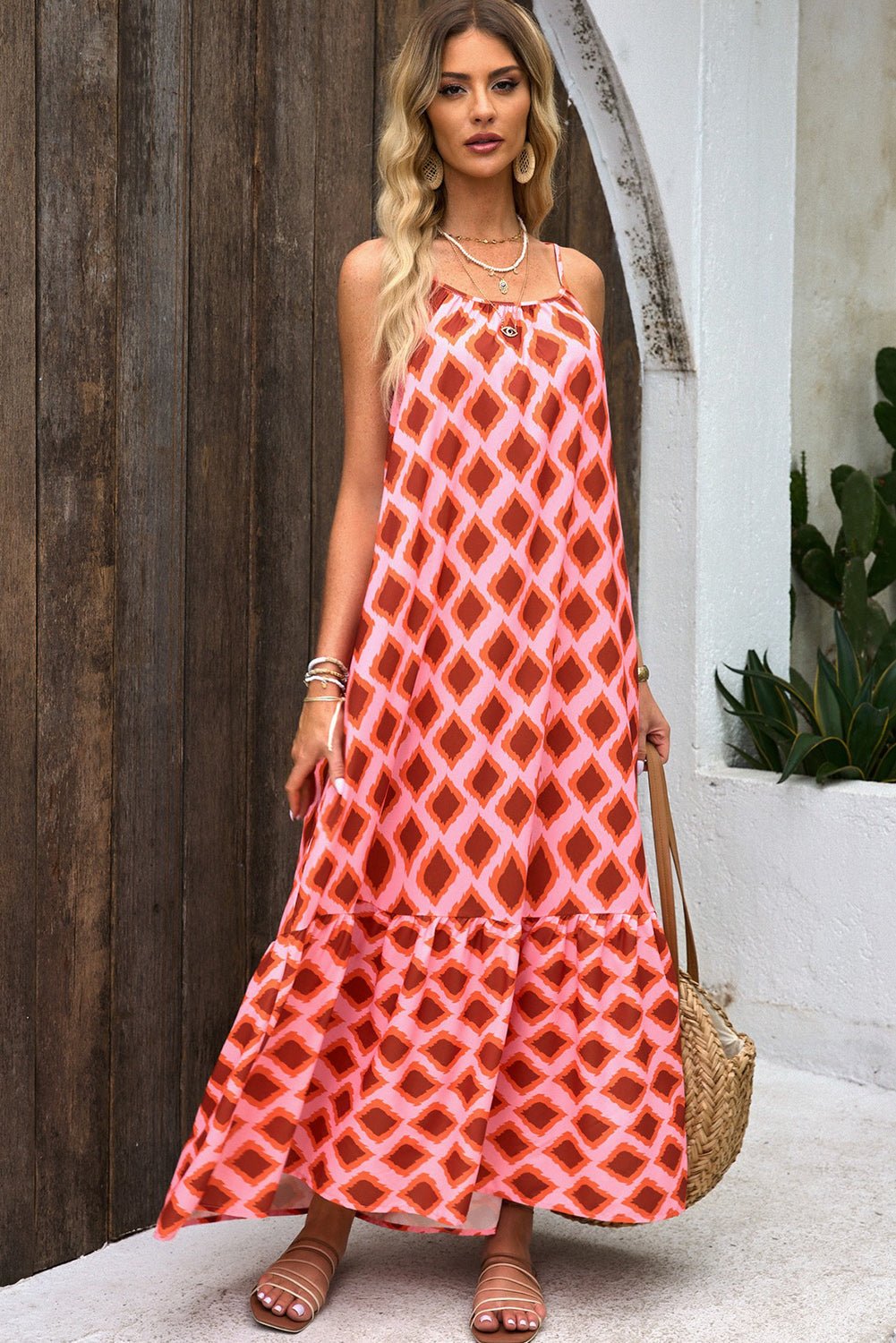 Red Geometric Print Loose Fit Sleeveless Maxi Dress-3