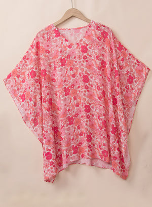 Pink Boho Floral V Neck Kimono Style Blouse-11