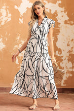 White Abstract Vein Print V Neck Ruffle Maxi Dress-6