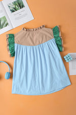 Mist Blue Colorblock Ruffled Sleeve Frill V Neck Blouse-7