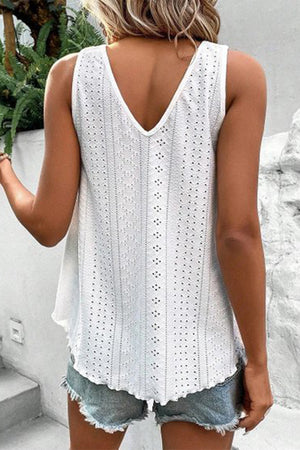 White Lace Crochet Splicing V Neck Loose Fit Tank Top-1