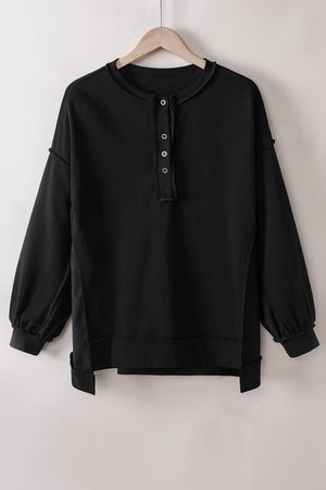 Black Oversized Exposed Seam Henley Sweatshirt-4