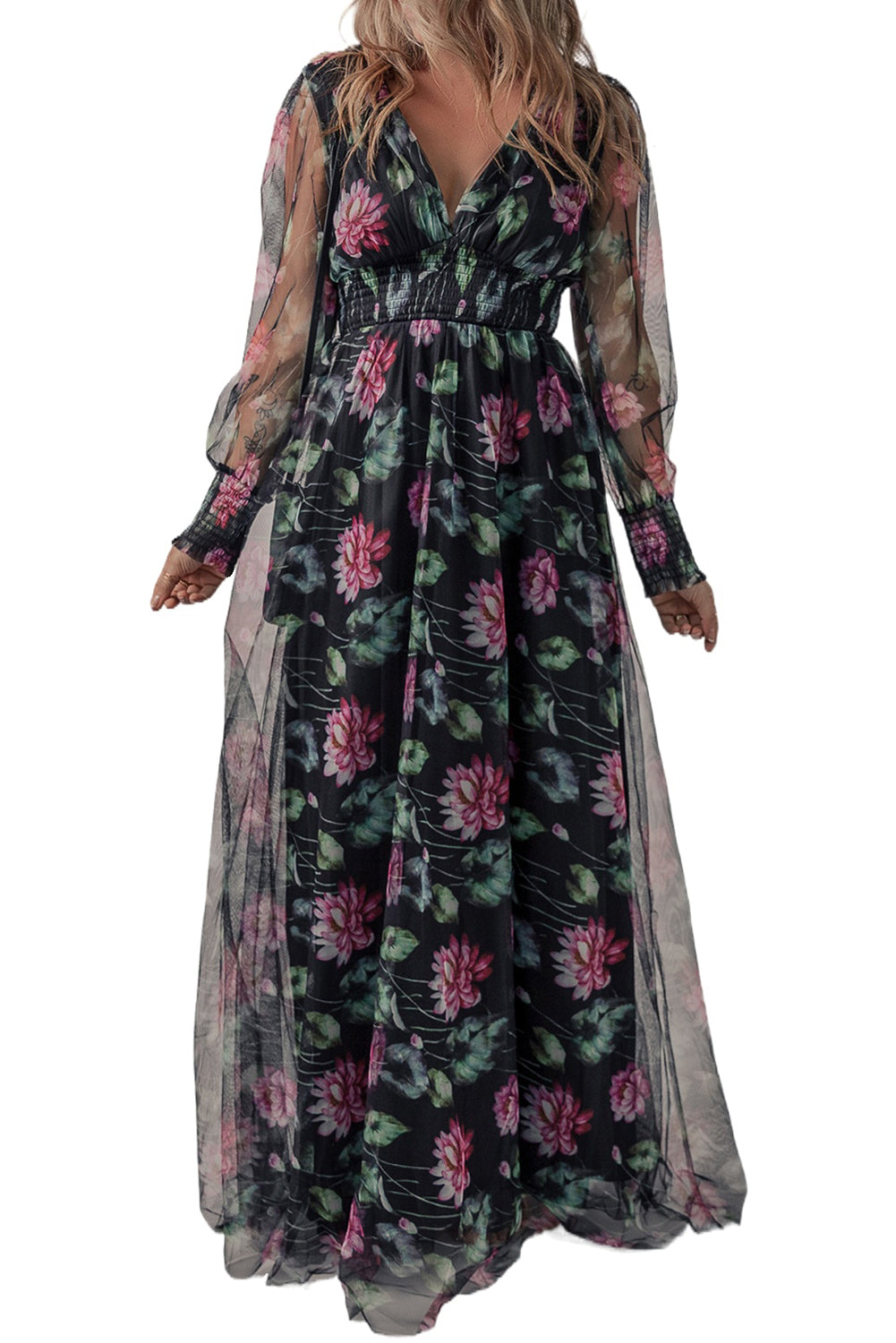 Black Mesh Sheer Shirred High Waist Floral Maxi Dress-5