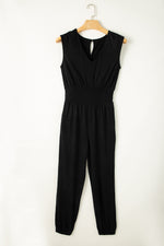 Black Shirred High Waist Sleeveless V Neck Jumpsuit-5