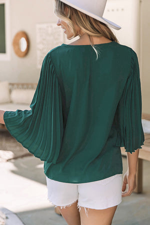 Blackish Green 3/4 Pleated Bell Sleeve V Neck Blouse-7