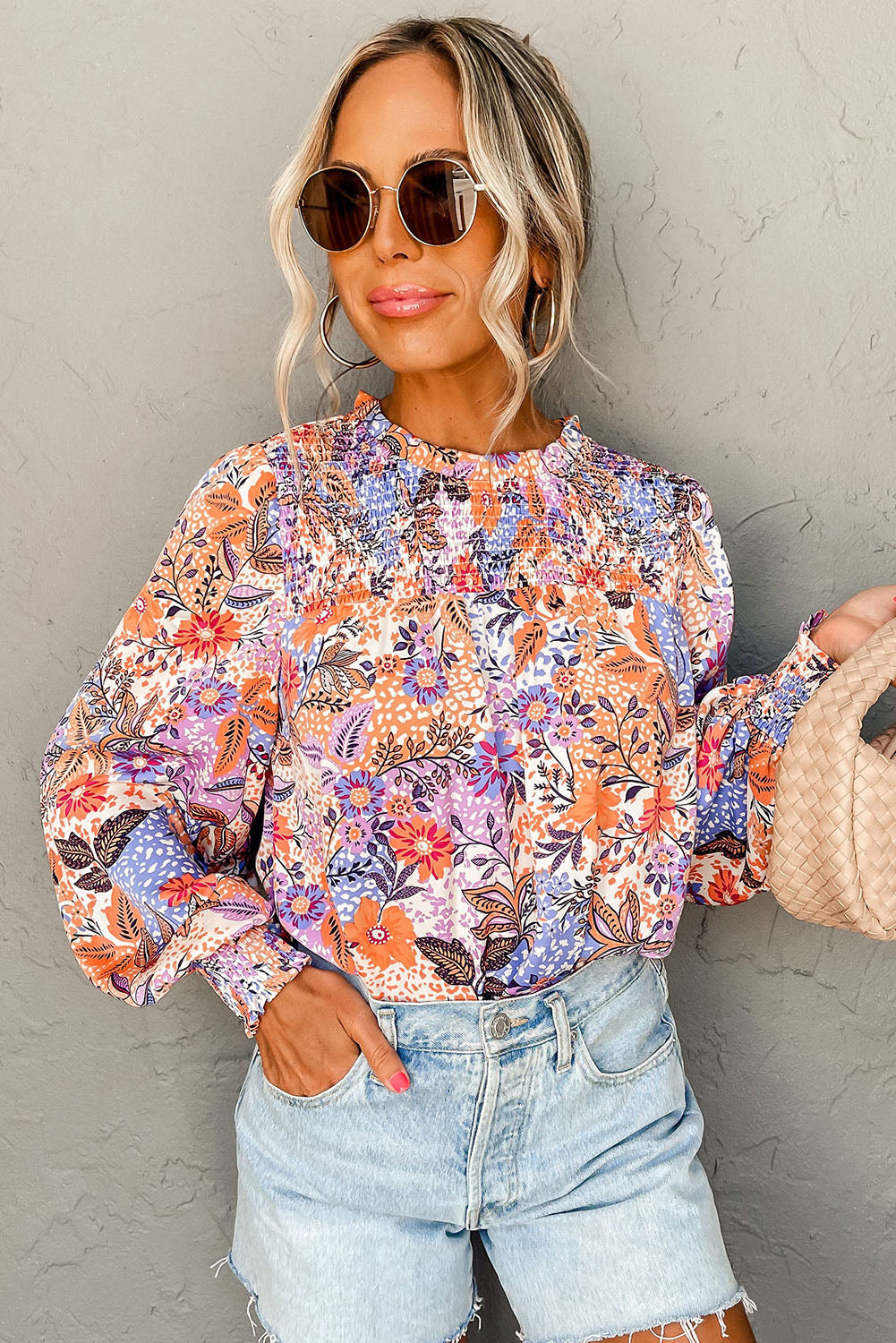 Multicolour Floral Bishop Sleeve Frilled Round Neck Blouse-4
