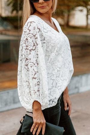 White Floral Lace Crochet Loose Fit V Neck Top-2