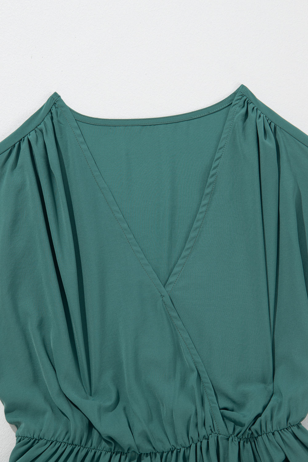 Blackish Green Solid Color V Neck Wrap Pleated Short Sleeve Maxi Dress-6