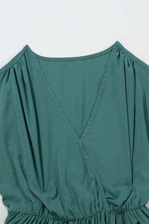 Blackish Green Solid Color V Neck Wrap Pleated Short Sleeve Maxi Dress-6