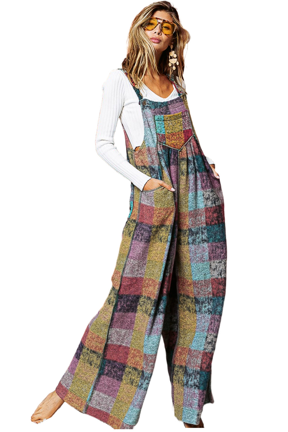 Multicolour Brushed Checkered Wide Leg Overalls-5