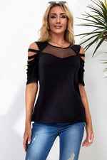 Black Fishnet Splicing Strappy Cutout Shoulder Sleeve Top-4