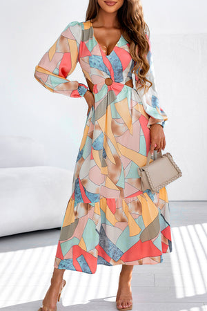 Multicolor Abstract Print O-ring Cut out Long Sleeve Maxi Dress-4