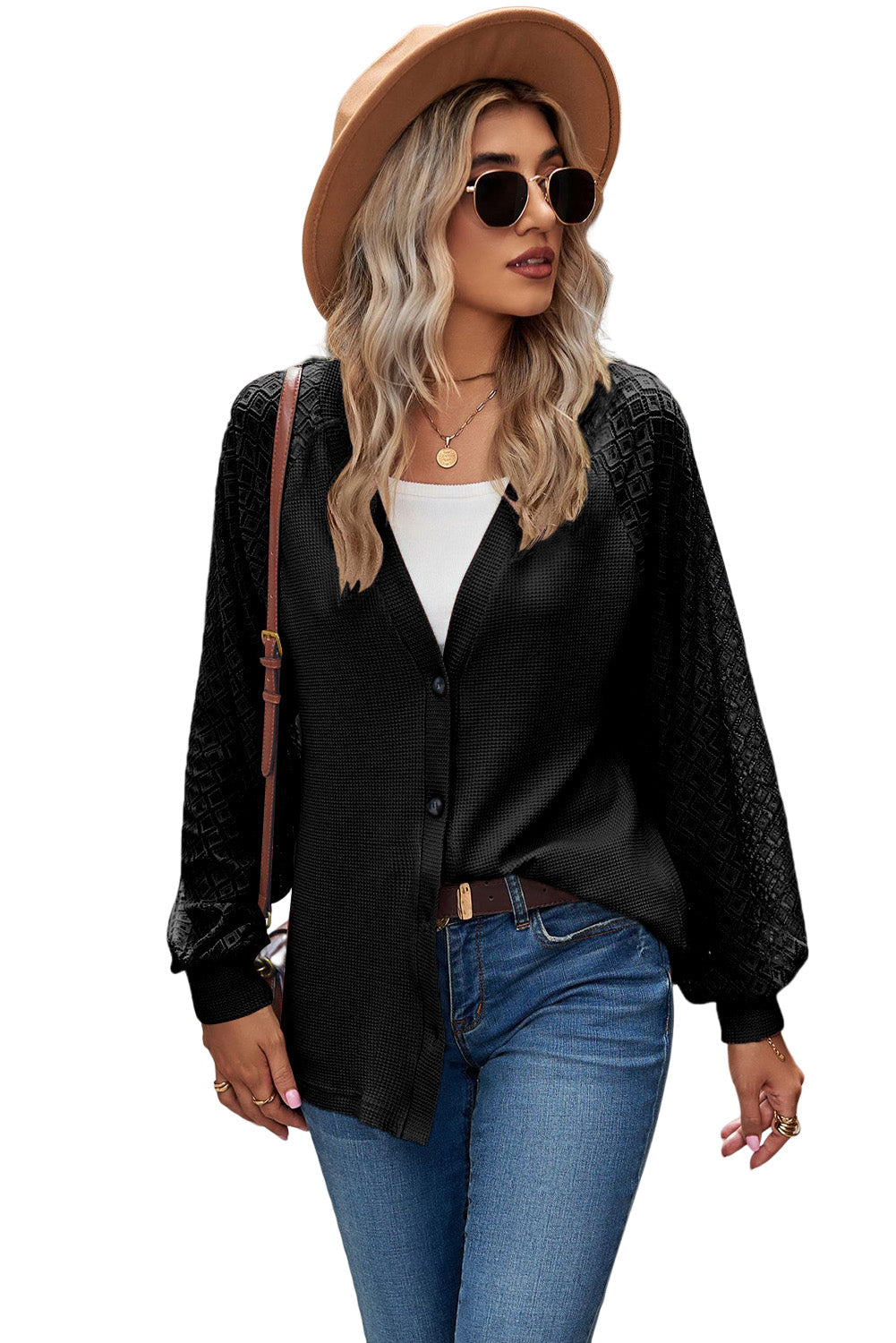 Black Waffled Knit Lace Long Sleeve Buttoned Cardigan-10