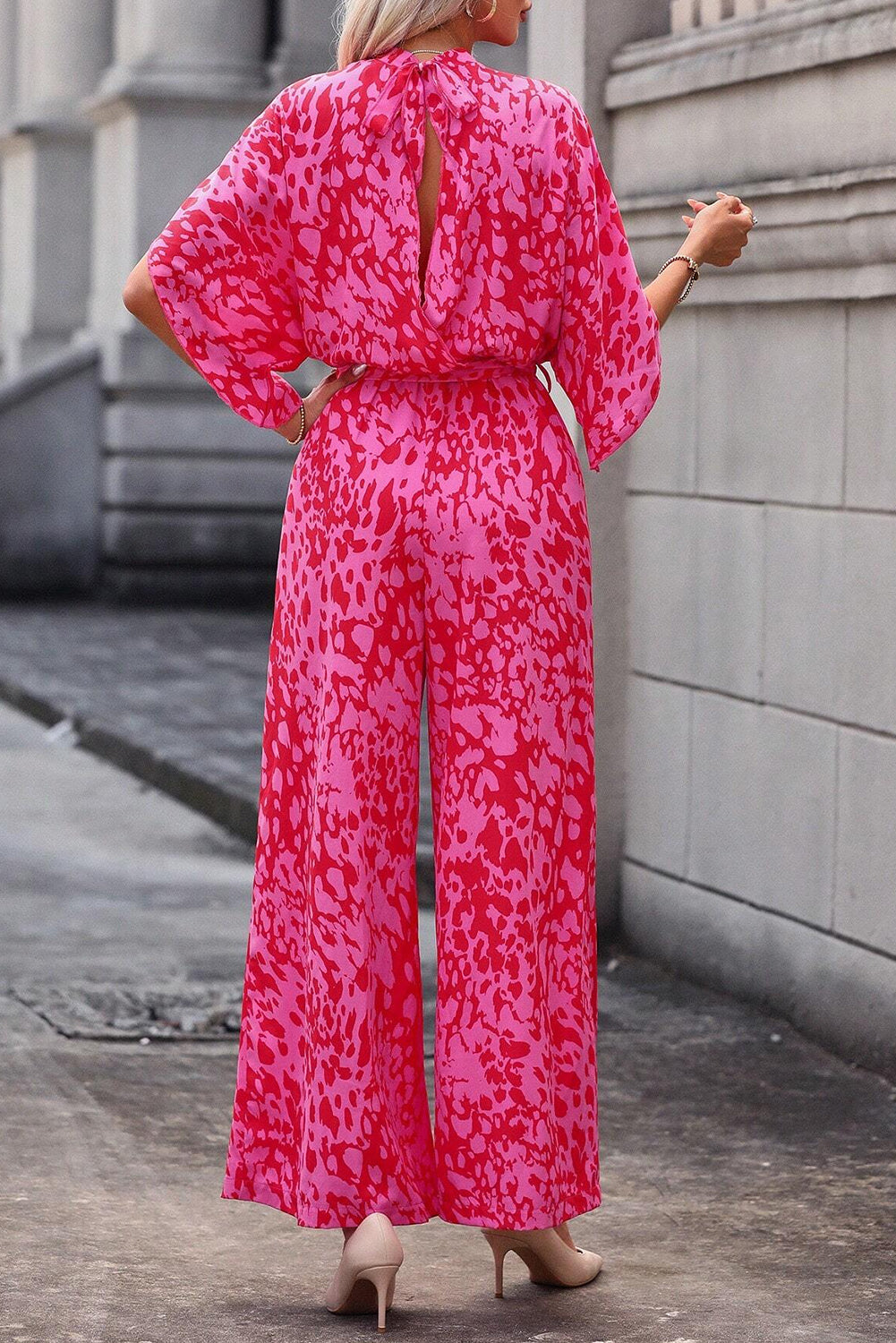 Rose Leopard Loose Sleeve Belted Wide Leg Jumpsuit-10