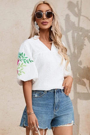 White Floral Embroidered Puff Sleeve Notched Neck Blouse-3