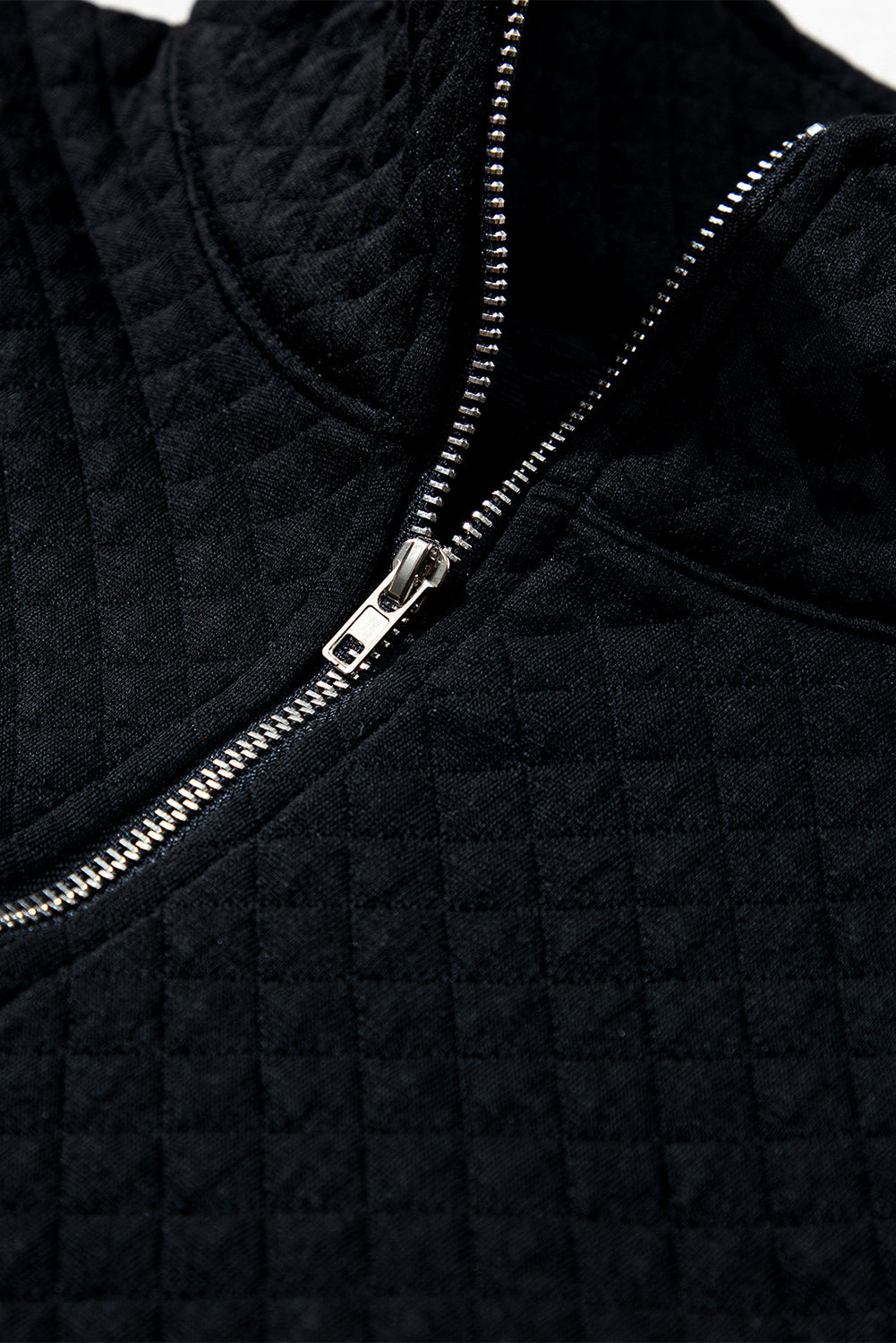 Black Solid Half Zipper Quilted Pullover Sweatshirt-8