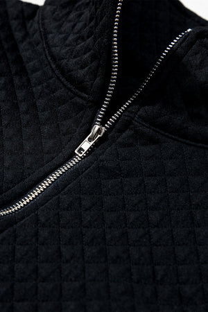 Black Solid Half Zipper Quilted Pullover Sweatshirt-8