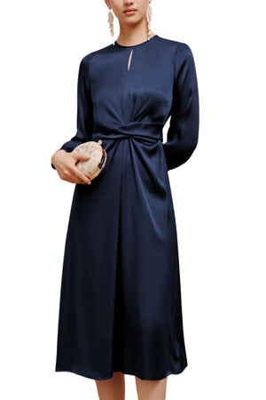 Blue Twist Front Tie Back Long Sleeve Satin Dress-3