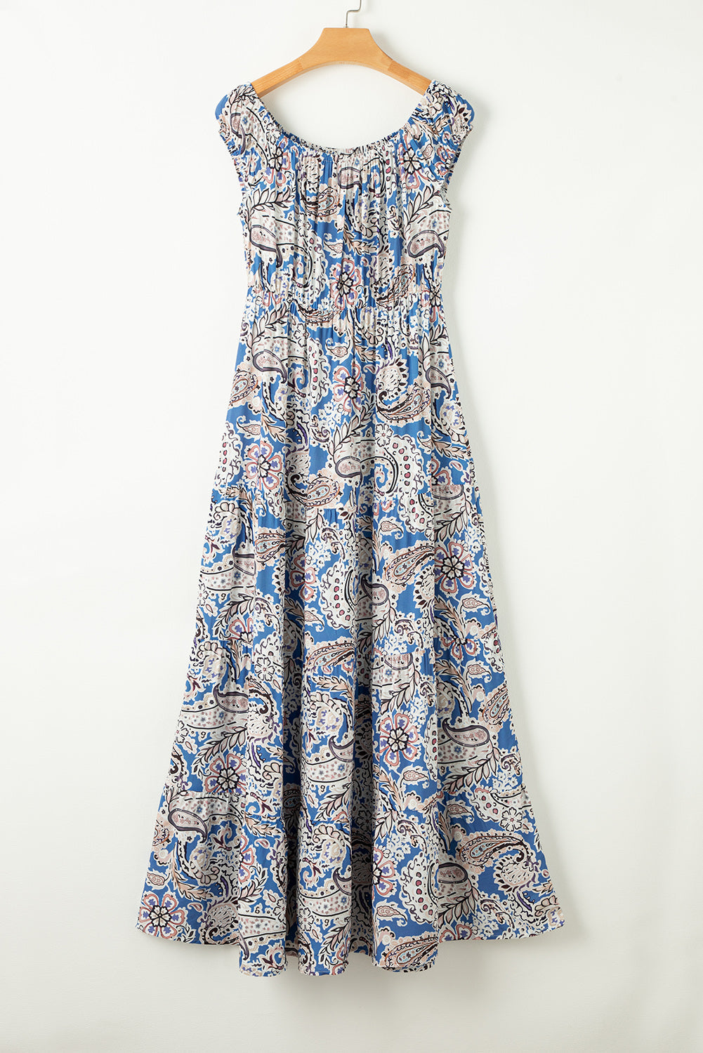 Blue Boho Paisley Print Off Shoulder Maxi Dress-11