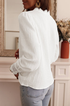 White Lace Crochet Trim Deep V Neck Textured Blouse-1