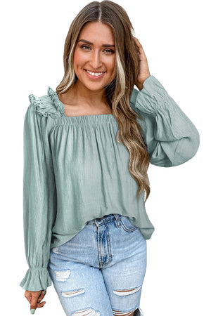 Green Ruffled Square Neck Cuffs Long Sleeve Blouse-18
