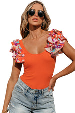 Orange Ribbed Knit Tiered Ruffled Sleeve Bodysuit-21