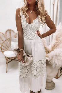 White Lace Crochet Patchwork Sleeveless Long Dress-0