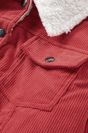 Red Corduroy Sherpa Snap Button Flap Jacket-7