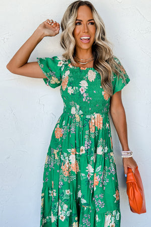 Green Floral Print Bubble Sleeve Smocked Tiered Midi Dress-3