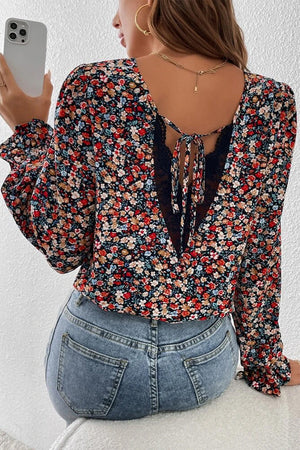 Red V Cut Lace Patch Tie-up Ruffled Puff Sleeve Floral Blouse-10