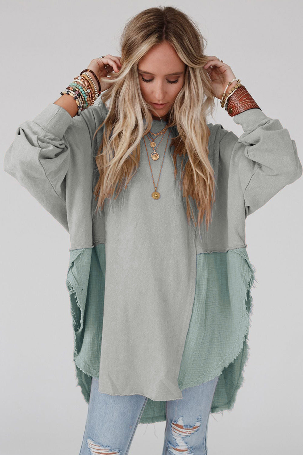 Grey Crinkle Splicing Raw Hem High Low Oversized Blouse-3