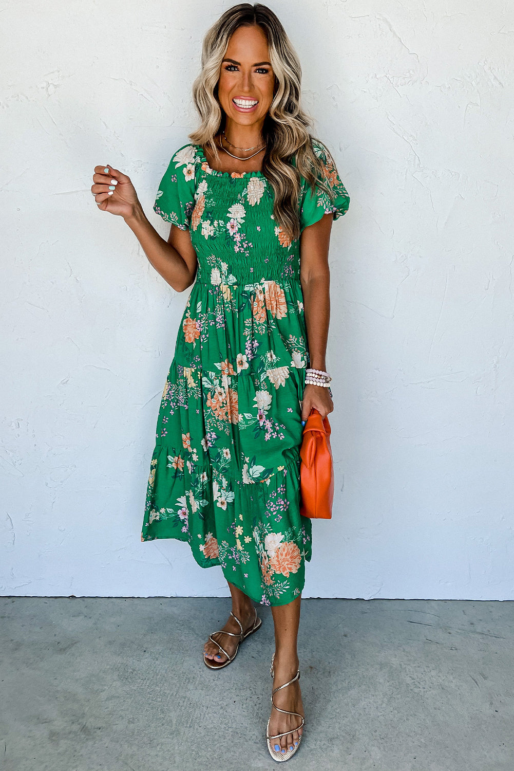 Green Floral Print Bubble Sleeve Smocked Tiered Midi Dress-5