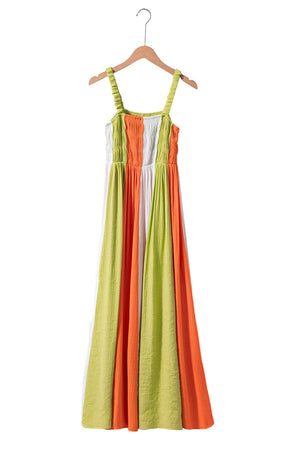 Green Color Block Shirred High Waist Fit and Flare Maxi Dress-22