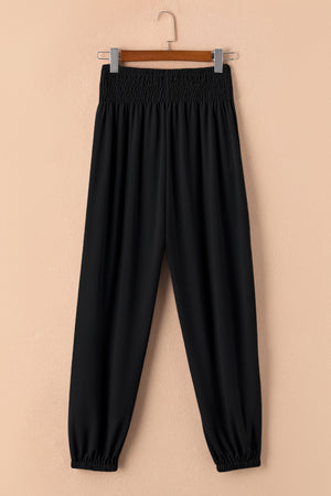 Black Smocked High Waist Joggers-11