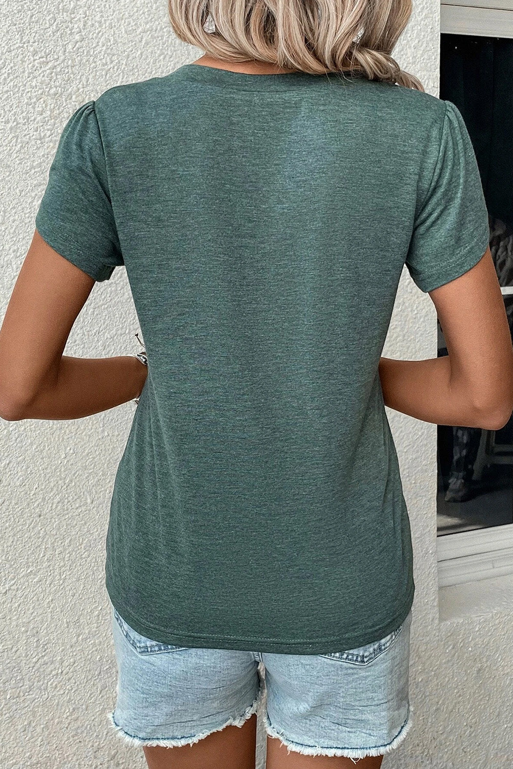 Mist Green Fashion Petal Sleeve V Neck T Shirt-1