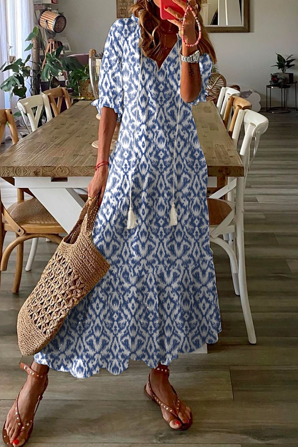 Sky Blue V Neck Casual Geometric Print Maxi Dress-0