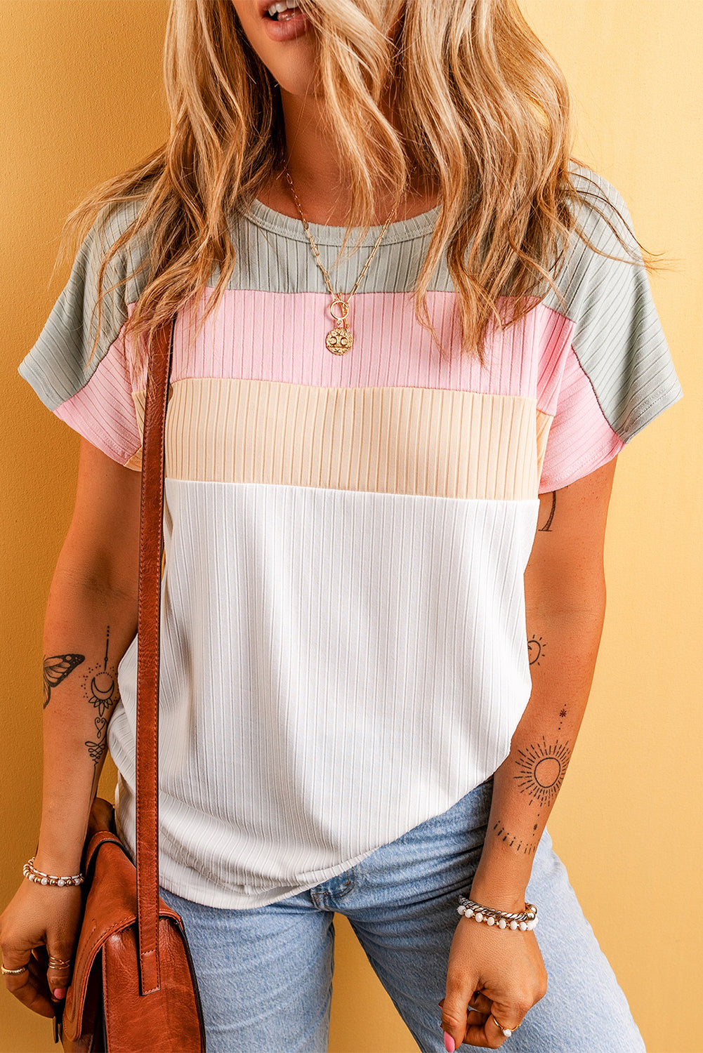 White Ribbed Color Block Patchwork T-shirt-4