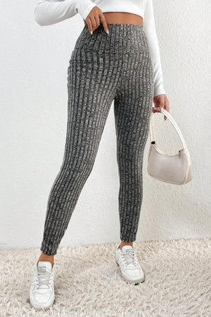 Gray Wide Waistband Ribbed Textured Knit Leggings-4