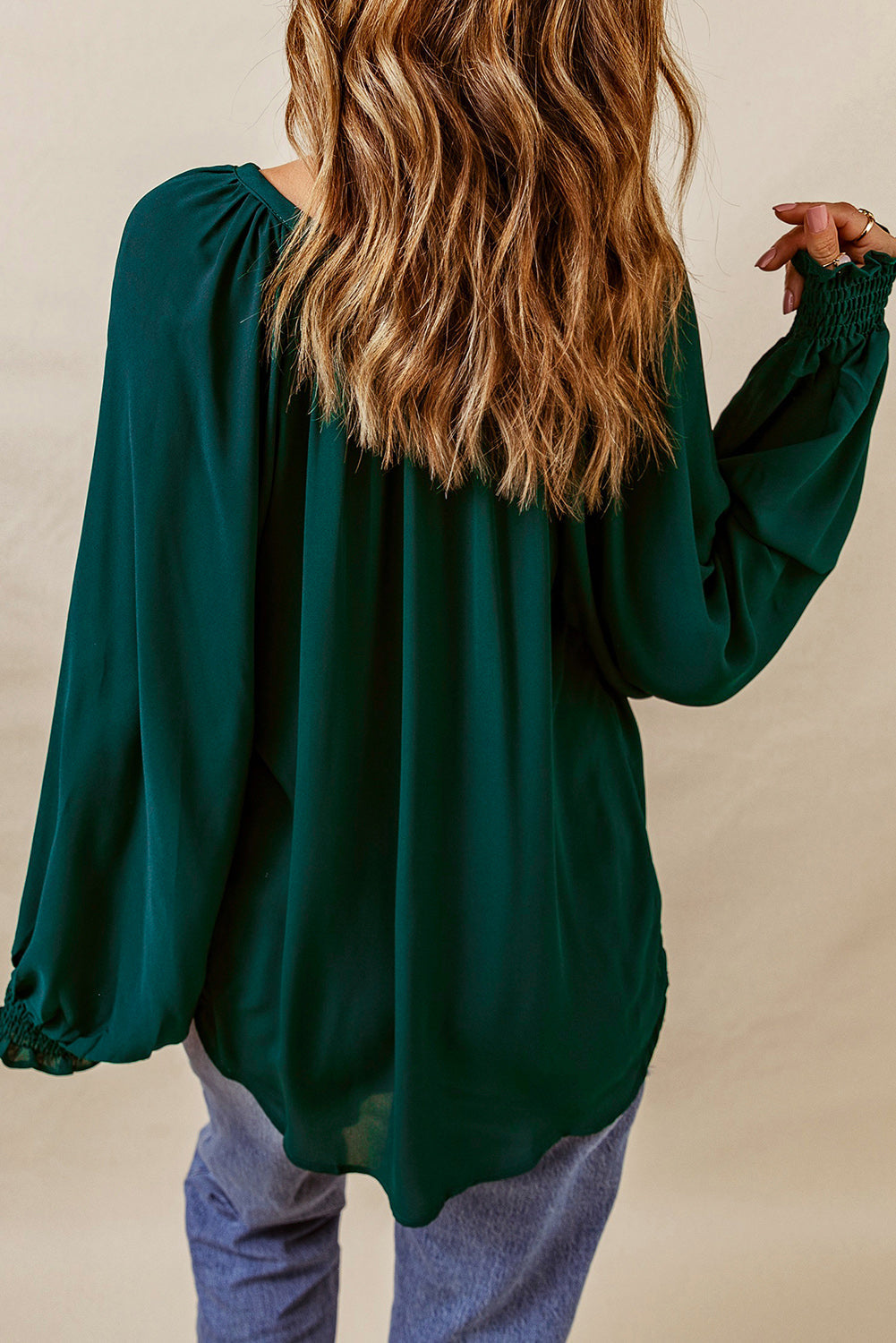 Green Pleated V Neck Puffy Sleeve Blouse-1