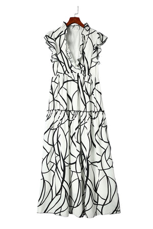 White Abstract Vein Print V Neck Ruffle Maxi Dress-18