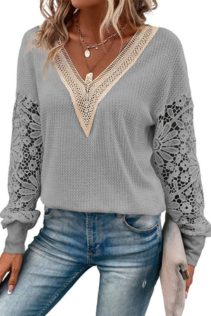 Gray Lace Splicing V Neck Puff Sleeve Top-3