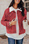 Red Corduroy Sherpa Snap Button Flap Jacket-0